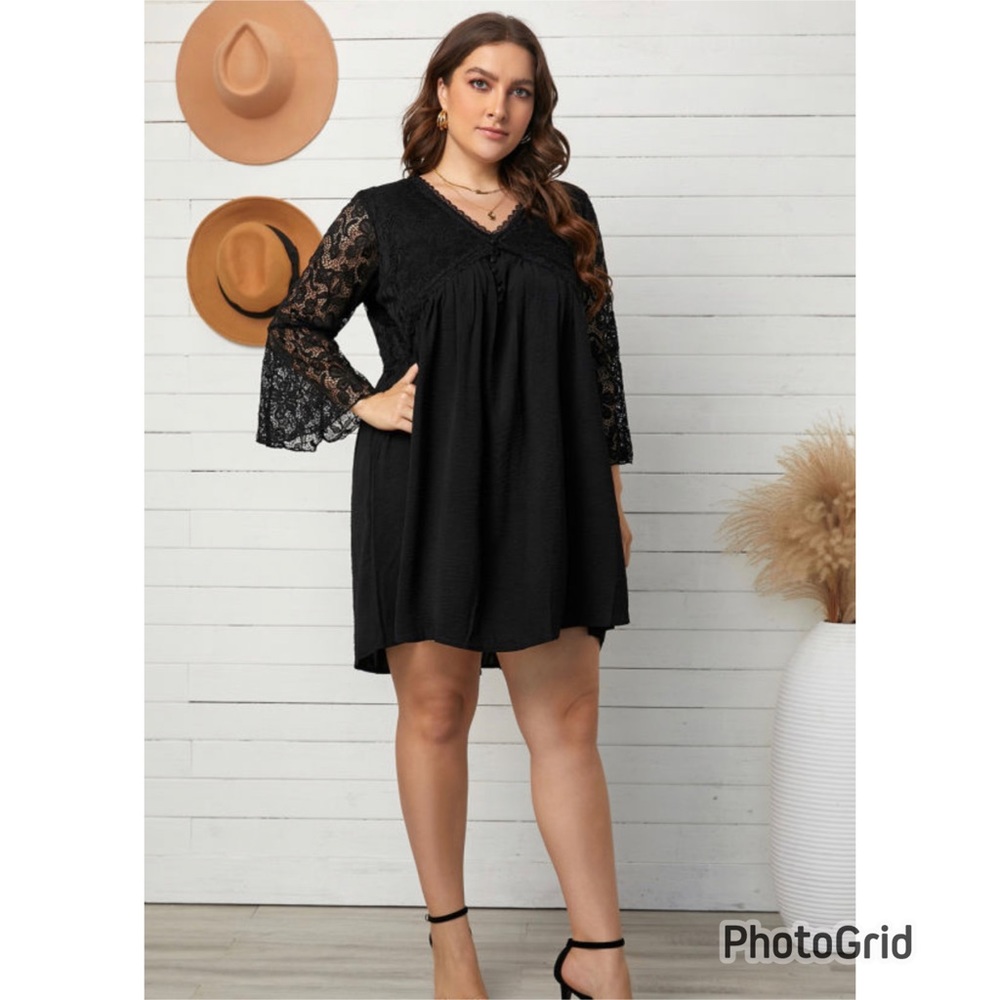 🌘 NEW Black Plus 4X Flare Bell Sleeves Lace Pleated Mini Dress Tunic Stunning!